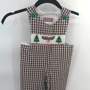 Smocked PolikaDot Brown & White‎ Gingham Christmas Baby Romper 12mth